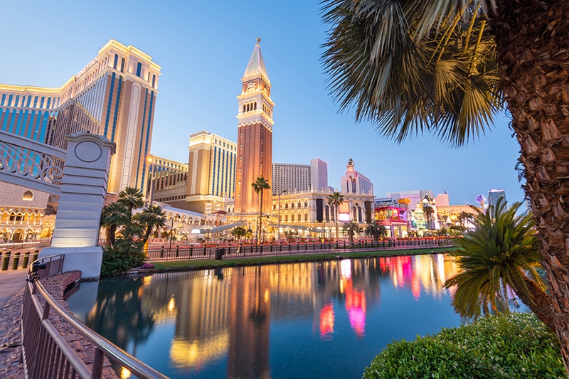 Las Vegas, Nevada, USA cityscape along the strip at twilight.